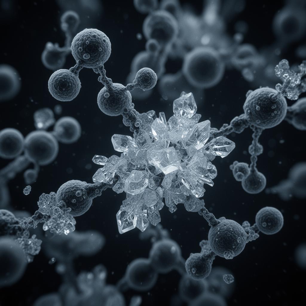 Microscopic view of sulfate molecules and crystals